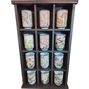 12 Months Japanese Tea Cups Franklin Mint Porcelain Kinuko Yamabe Display 1983